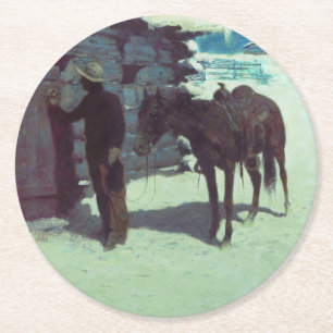 Horse and Cowboy Winter Snow Round Paper Coaster