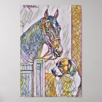 Horse and dog classic painting/ stain glass look