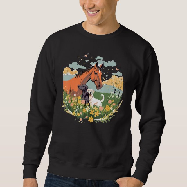 Horse and Dog With USA Flag Horseback Riding Eques Sweatshirt (Front)
