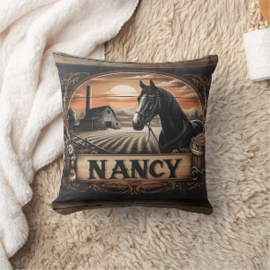 Horse and Farm Scene With Nameplate at Sunset Cushion