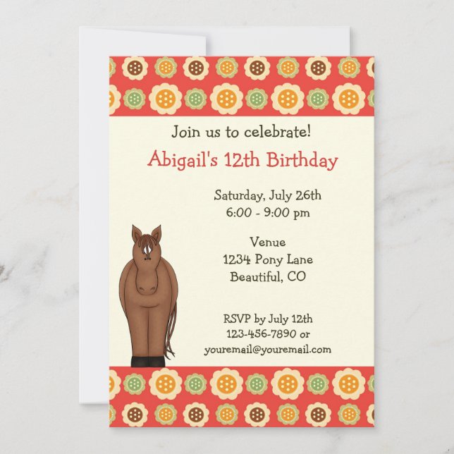 Horse and Flowers Birthday Invitation for Girls (Front)