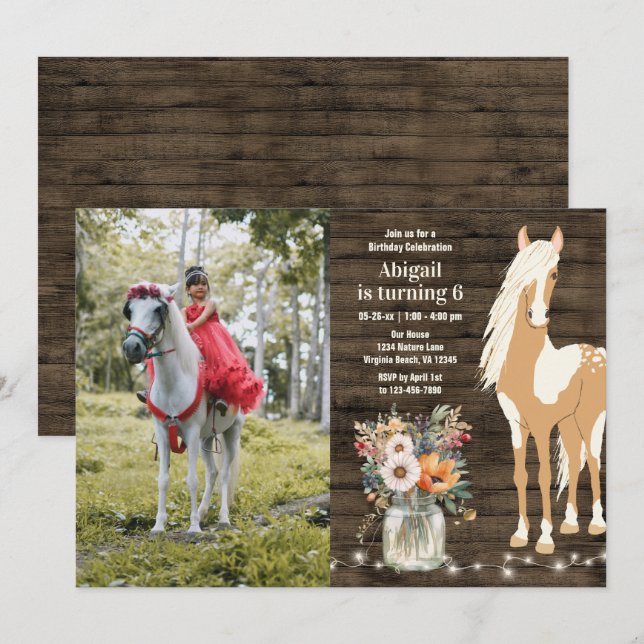 Horse and Flowers Rustic Wood Photo Birthday Invitation (Front/Back)