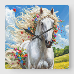 Horse and flowers square wall clock