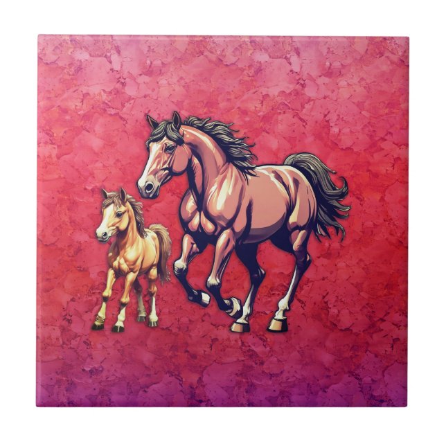 Horse and Foal on Textured Background Ceramic Tile (Front)
