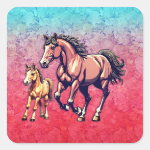 Horse and Foal on Textured Background Square Sticker