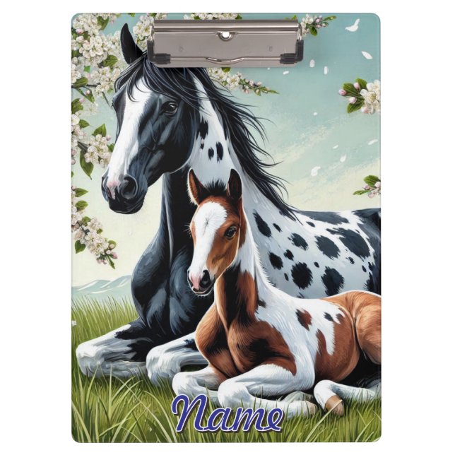 Horse and Foal Resting Amid Blossoming Trees Clipboard (Front)