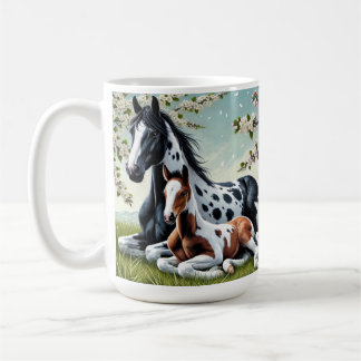 Horse and Foal Resting Amid Blossoming Trees Coffee Mug