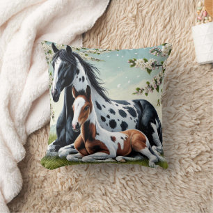Horse and Foal Resting Amid Blossoming Trees Cushion