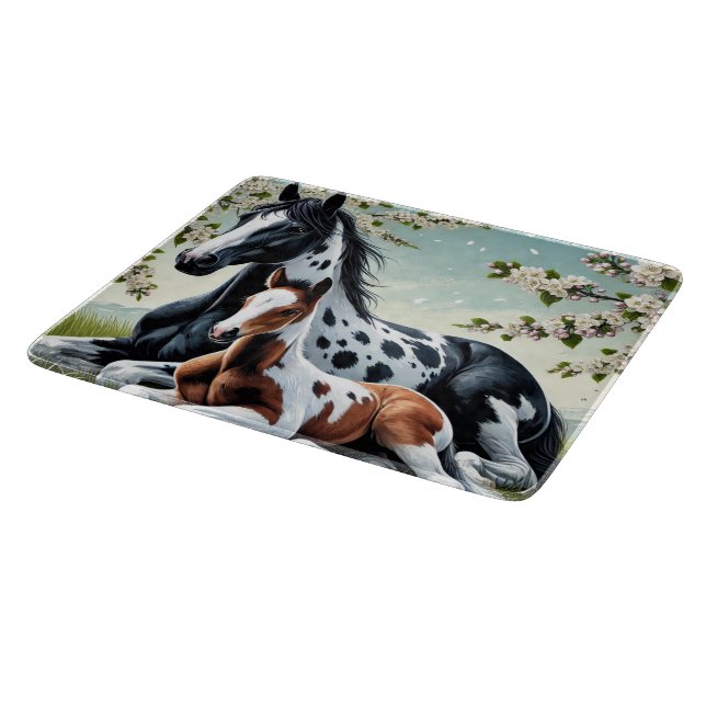 Horse and Foal Resting Amid Blossoming Trees Cutting Board (Corner)