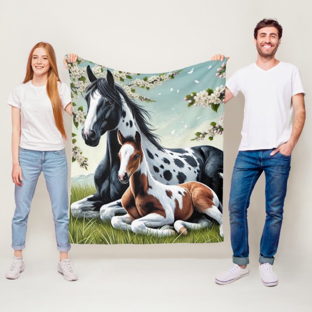 Horse and Foal Resting Amid Blossoming Trees Fleece Blanket (In Situ)