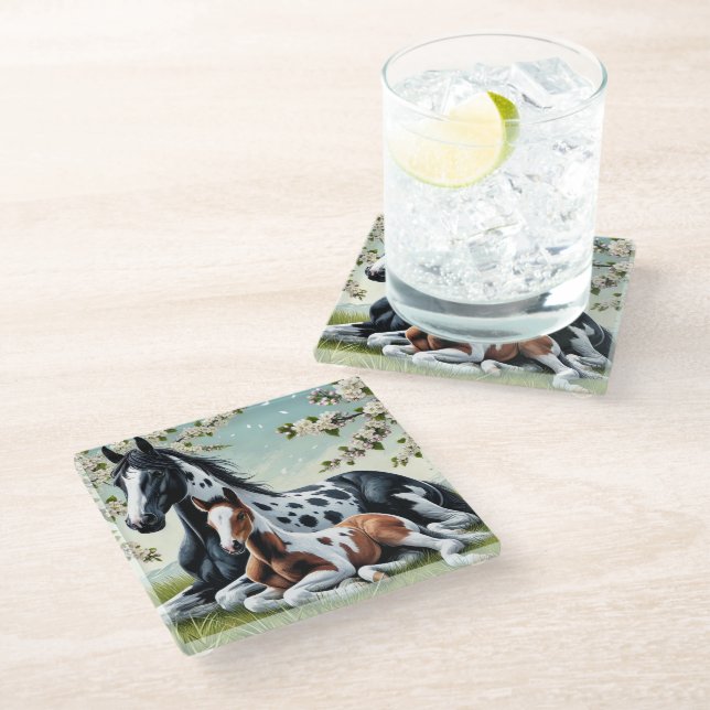 Horse and Foal Resting Amid Blossoming Trees Glass Coaster (Angled)