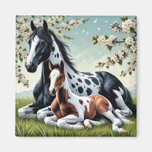 Horse and Foal Resting Amid Blossoming Trees Magnet