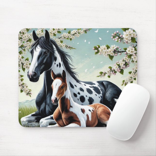 Horse and Foal Resting Amid Blossoming Trees Mouse Pad (With Mouse)