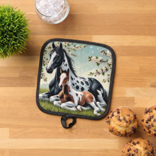 Horse and Foal Resting Amid Blossoming Trees Pot Holder