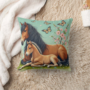 Horse and Foal Resting in a Spring Setting Cushion