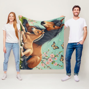 Horse and Foal Resting in a Spring Setting  Fleece Blanket