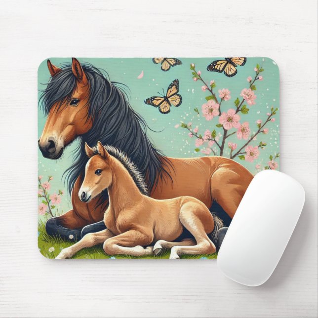 Horse and Foal Resting in a Spring Setting  Mouse Pad (With Mouse)