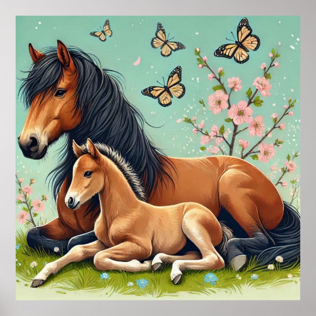 Horse and Foal Resting in a Spring Setting  Poster (Front)