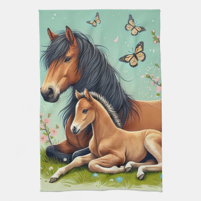 Horse and Foal Resting in a Spring Setting  Tea Towel (Vertical)