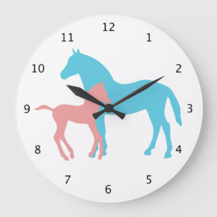 Horse and foal silhouette in pink and blue large clock