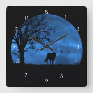 Horse and Full Moon Blue Beautiful Square Wall Clock