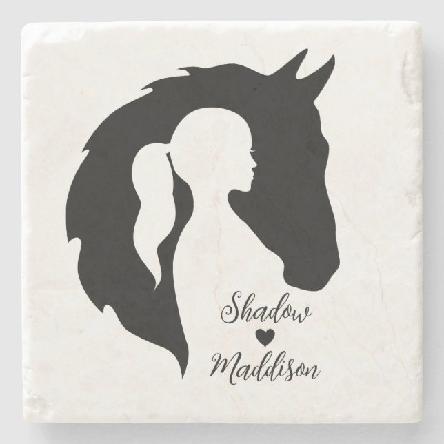 Horse and girl horse lover silhouette heart stone coaster (Front)