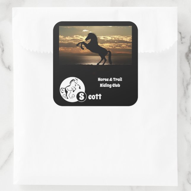 Horse and Golf Club Monogram Photo Name Square Sticker (Bag)