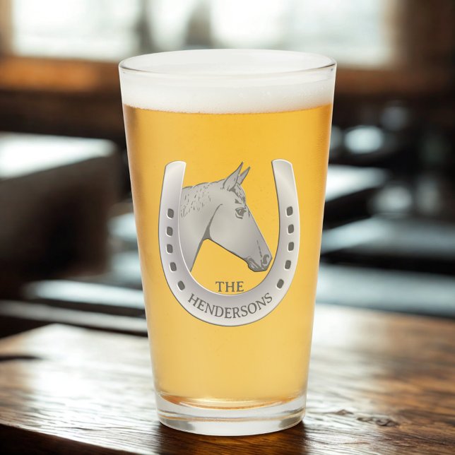 Horse and Horseshoe Silver Tone Personalised Pint Glass (Personalized horseshoe pint glass for horse lovers, horse owners, and horse racing fans)