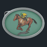 Horse and Jockey Belt Buckle<br><div class="desc">Sporty gifts and accessories for Horse Racing fans. Horse and jockey racing in yellow jersey and green cap riding horse number 7. Green background.</div>