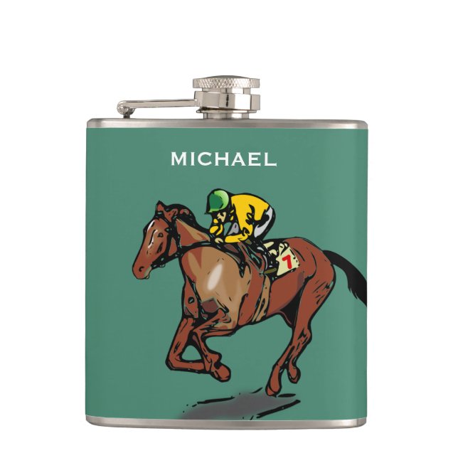 Horse and Jockey Horse Racing Green Personalised Hip Flask (Front)