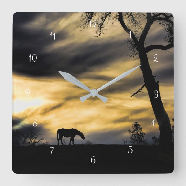 Horse and Oak Tree in the Sunset Square Wall Clock (Front)