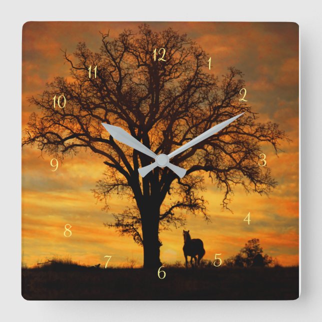 Horse and Oak Tree Southwestern Nature Square Wall Clock (Front)
