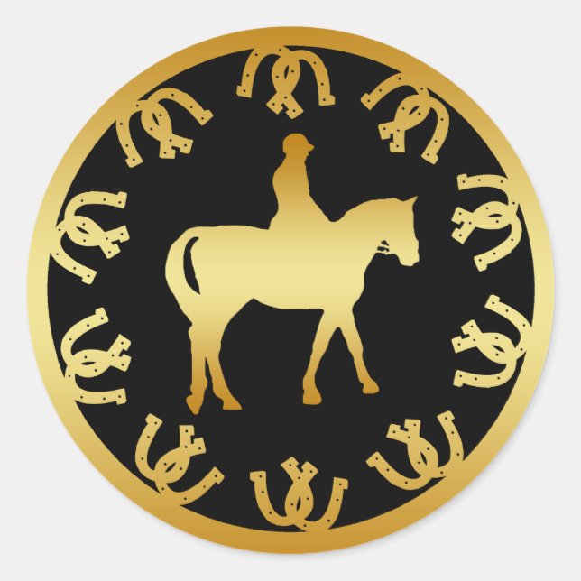 HORSE AND RIDER - GOLD CLASSIC ROUND STICKER (Front)
