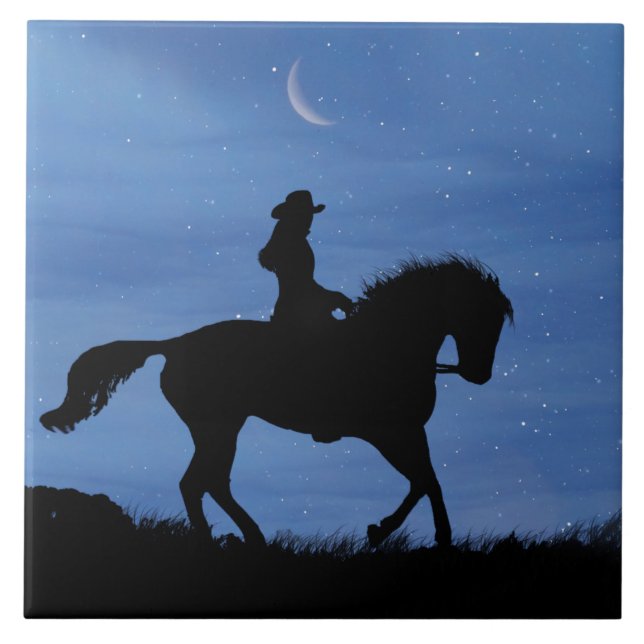 Horse and Rider Starry Night with Crescent Moon Ceramic Tile (Front)