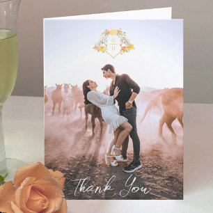 Horse and roses yellow grey monogram wedding photo thank you card