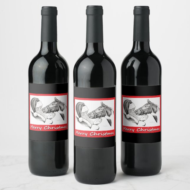 Horse and Santa Claus for Christmas Wine Label (Bottles)