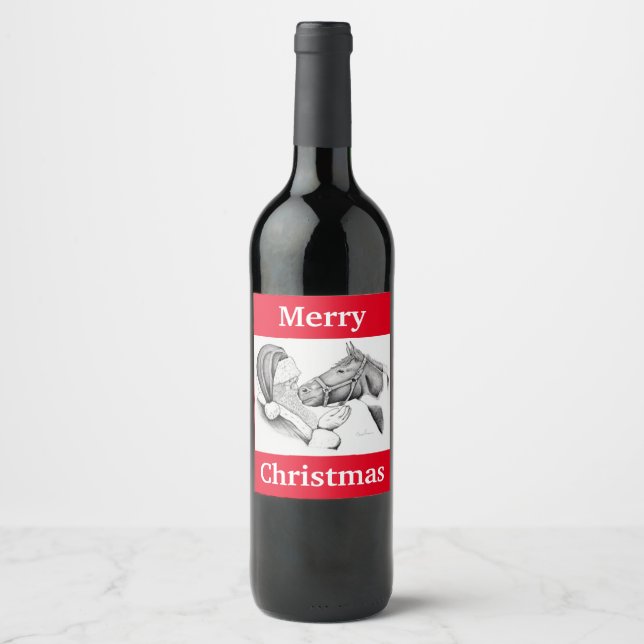 Horse and Santa Claus for Christmas Wine Label (Front)