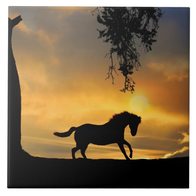 Horse and Southwestern Sunset Beautiful Ceramic Tile (Front)