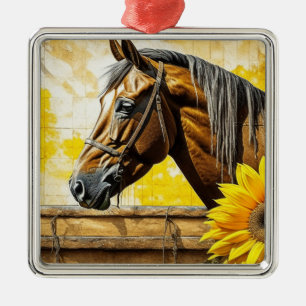 Horse and Sunflower Beautiful AI Art Metal Ornament
