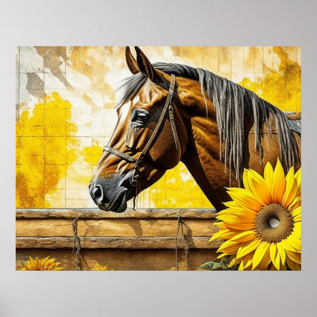 Horse and Sunflower Beautiful AI Art  Poster (Front)