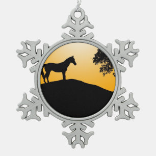 Horse and tree black silhouettes snowflake pewter christmas ornament