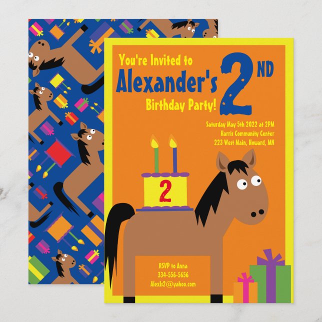 Horse Animal Kid's Birthday Party Invitations (Front/Back)