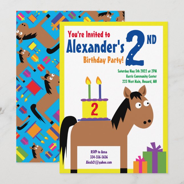 Horse Animal Kid's Birthday Party Invitations (Front/Back)