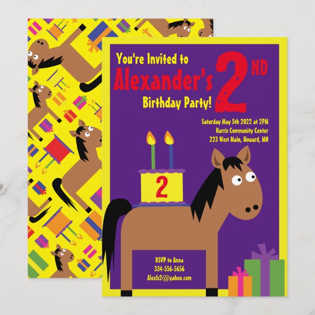 Horse Animal Kid's Birthday Party Invitations (Front/Back)