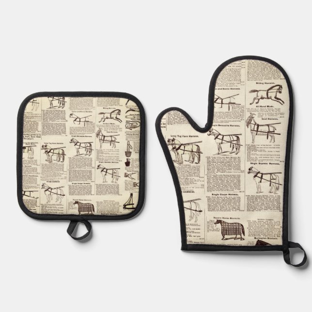 Horse Antique Advertising Newspaper Art Oven Mitt & Pot Holder Set (Front)