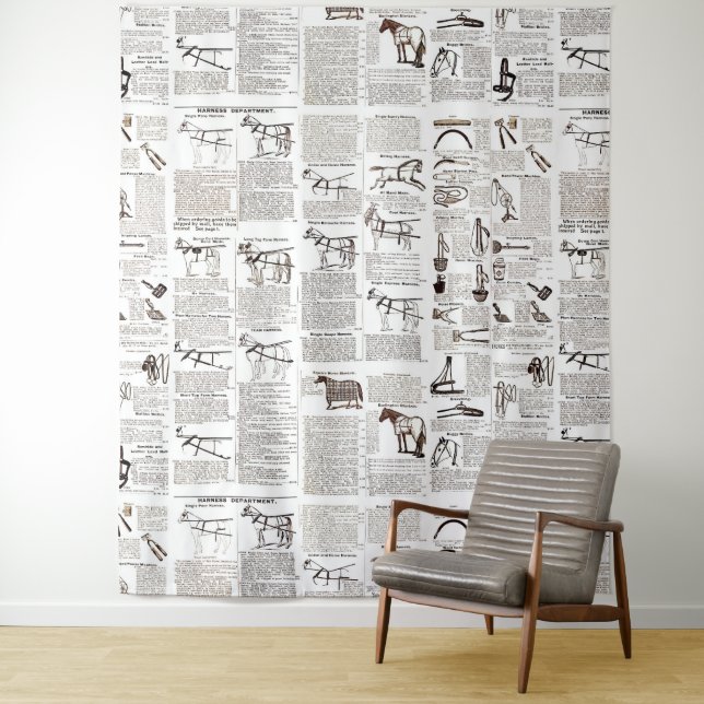Horse Antique Advertising Newspaper Art Tapestry (In Situ)