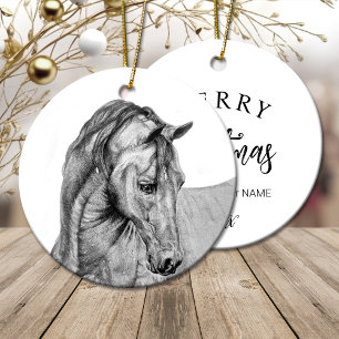 Horse art graphic pencil drawing black and white ceramic ornament