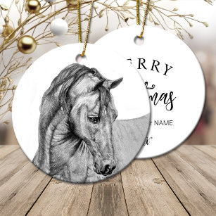 Horse art graphic pencil drawing black and white ceramic ornament
