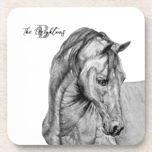 Horse art graphic pencil drawing black and white coaster