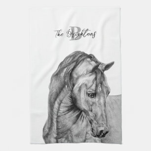 Horse art graphic pencil drawing black and white tea towel